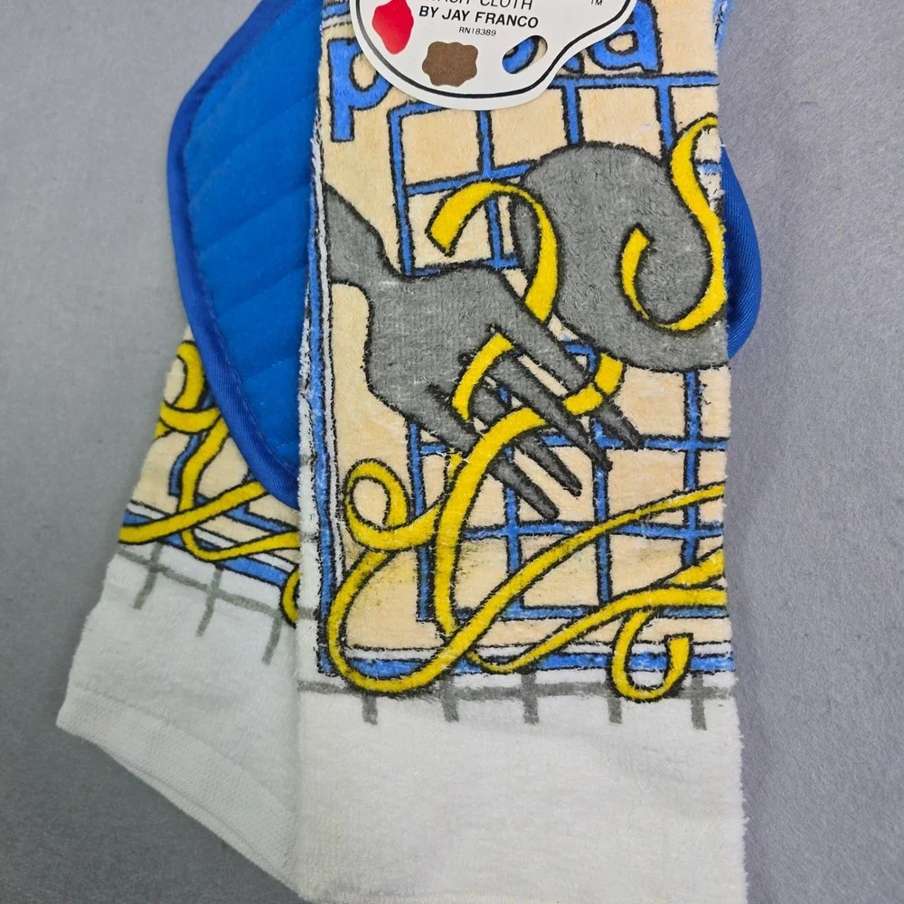 Vintage Jay Franco Kitchen Set 3pc Blue Pasta Velour Towel Dish Cloth Pot Holder